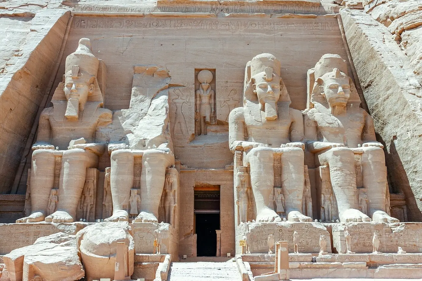 Four colossal seated statues of Ramesses II on the facade of the Great Temple at Abu Simbel