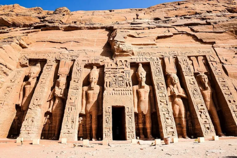 Facade of the Temple of Nefertari at Abu Simbel with statues of Ramesses II and Queen Nefertari