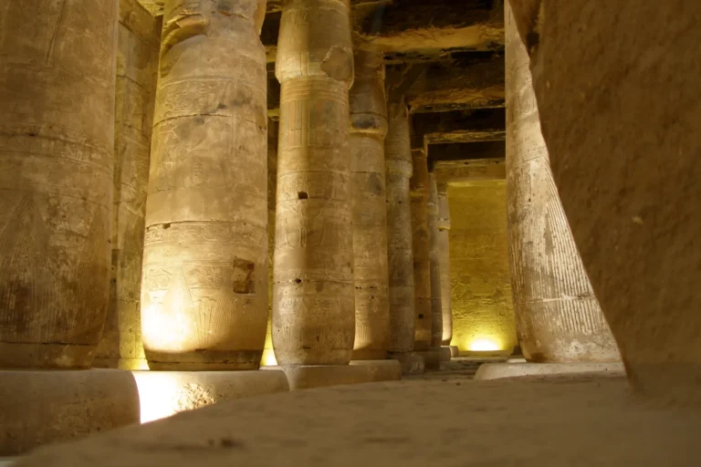 Lit columns inside the Temple of Seti I at Abydos
