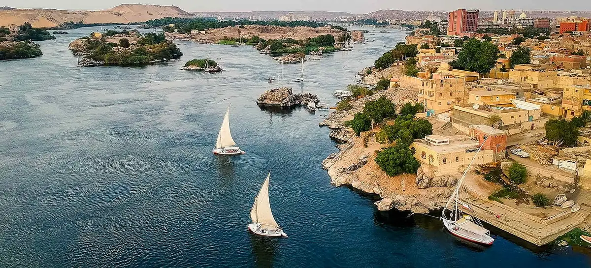 Elephantine Island and the Nile at Aswan with feluccas
