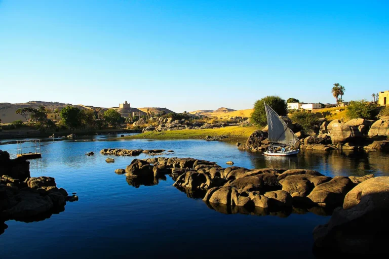 Granite rocks and calm water on the Nile at Aswan