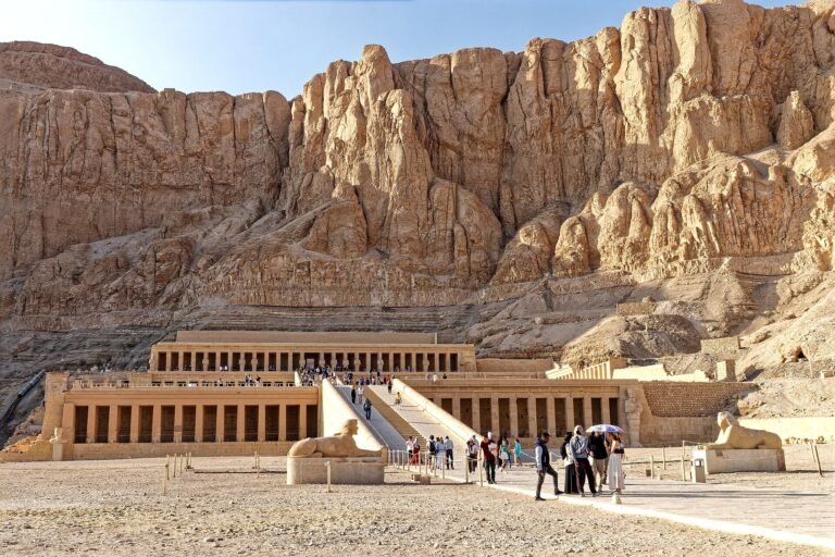 Temple of Hatshepsut beneath the limestone cliffs of Deir el-Bahari