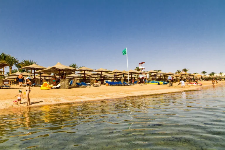 Sandy beach and shallow water on the Red Sea coast near Hurghada