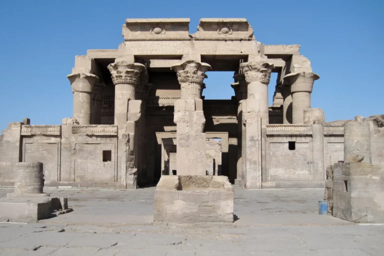 Columned portal of the Kom Ombo temple beside the Nile
