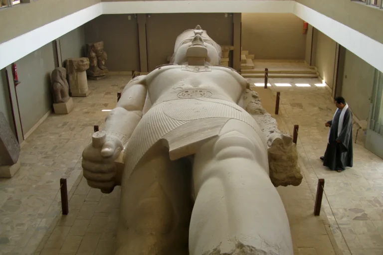 Colossal statue of Ramesses II lying in the Memphis open-air museum near Cairo