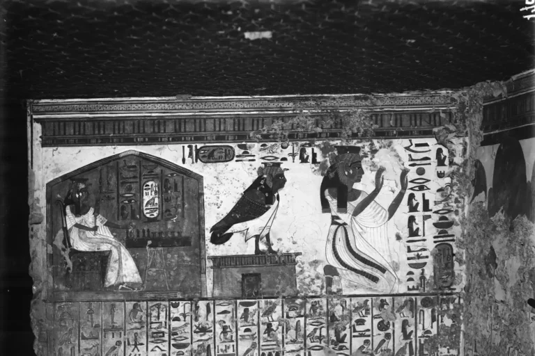Historic black-and-white photograph of the painted burial chamber of Queen Nefertari in the Valley of the Queens